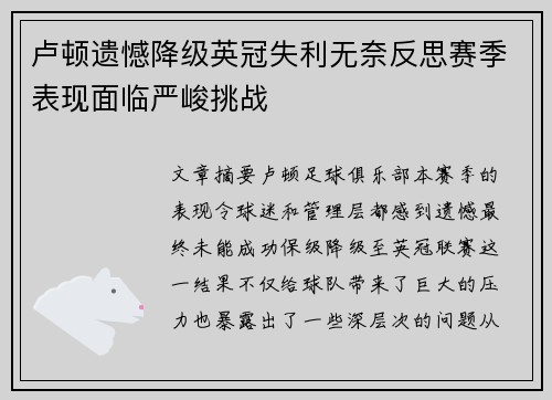 卢顿遗憾降级英冠失利无奈反思赛季表现面临严峻挑战