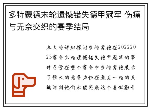 多特蒙德末轮遗憾错失德甲冠军 伤痛与无奈交织的赛季结局